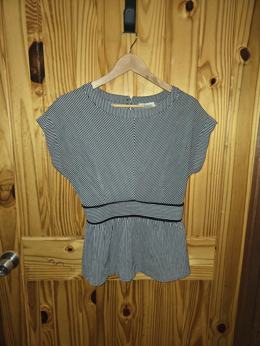 Womens XL Monteau Black and White Striped Peplum Top